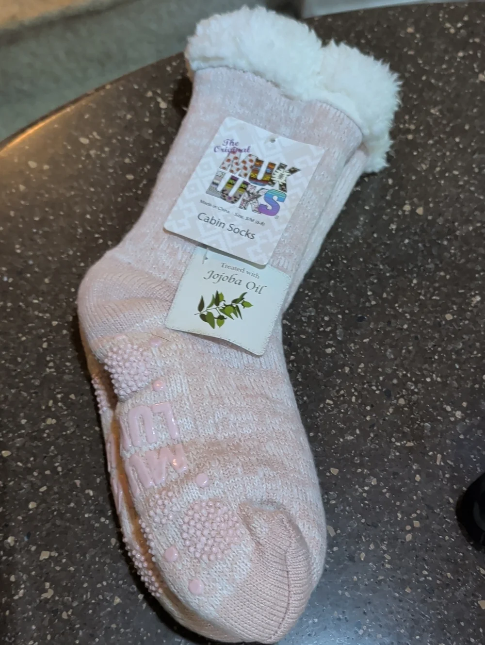 Muk Luks Pink Cabin Socks with Faux Shearling Cuff